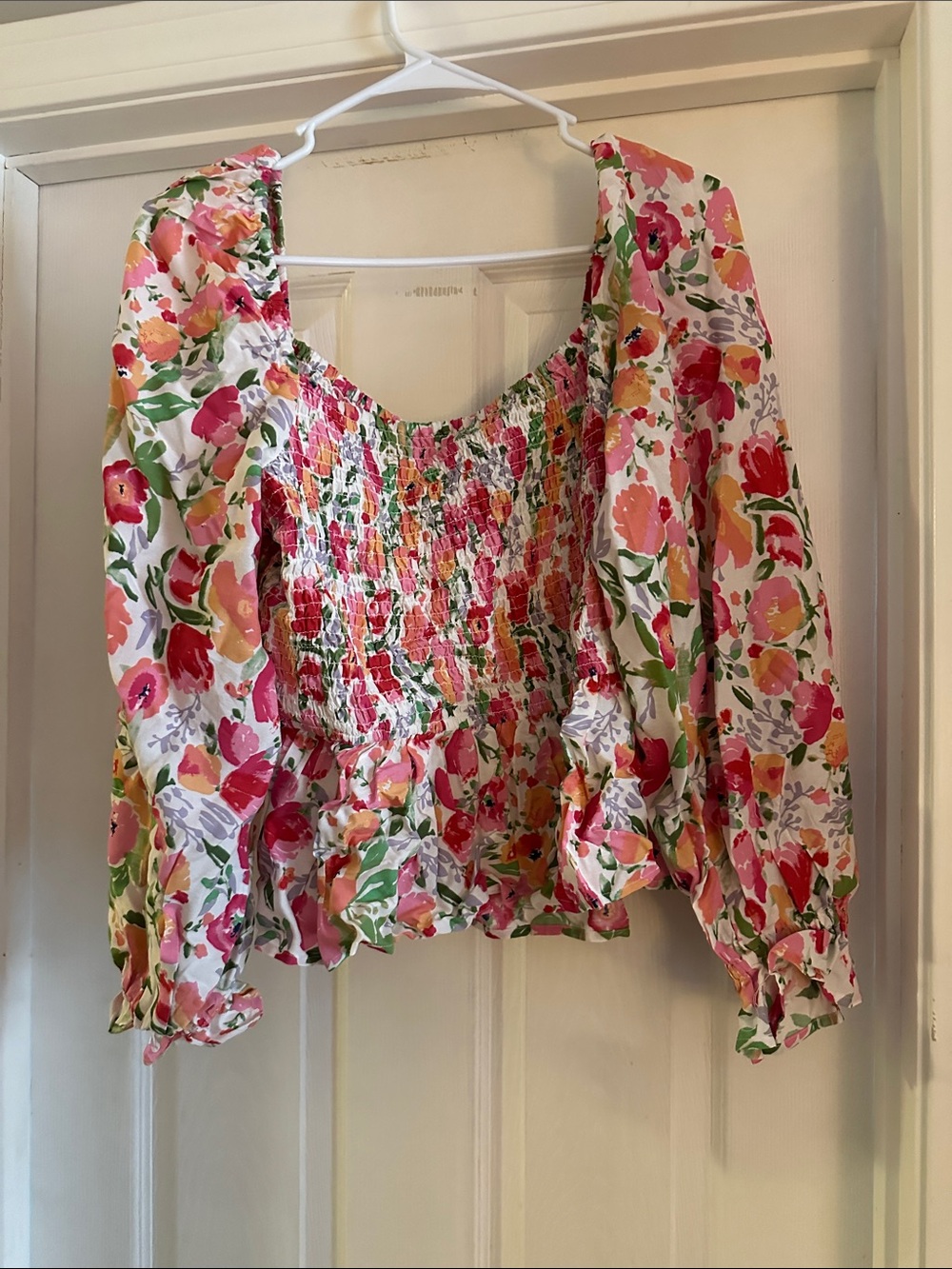 Smocked Floral Peasant Blouse - Pink Multi